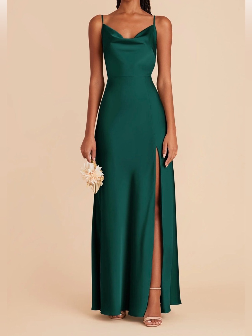 Birdy Grey Satin Emerald Green Cowl Neck Maxi Dress with Side Slit